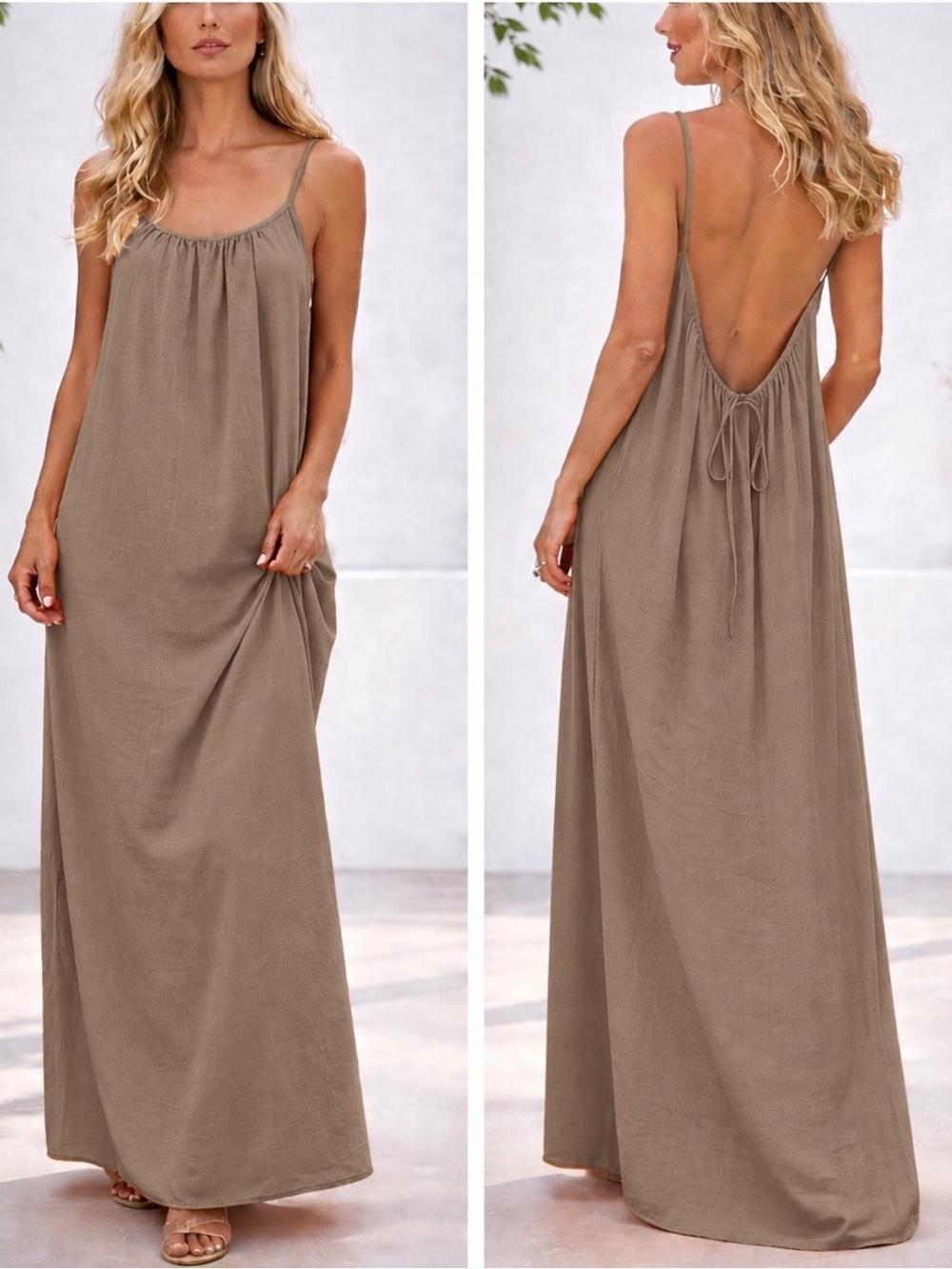 Sleeveless Maxi Dress with Open Back - Taupe